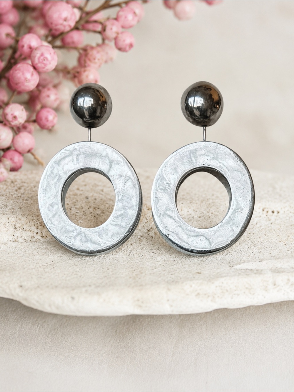 Sterling Silver Geometric Drop Earrings Open Circle Dangles 2” Southwest Boho